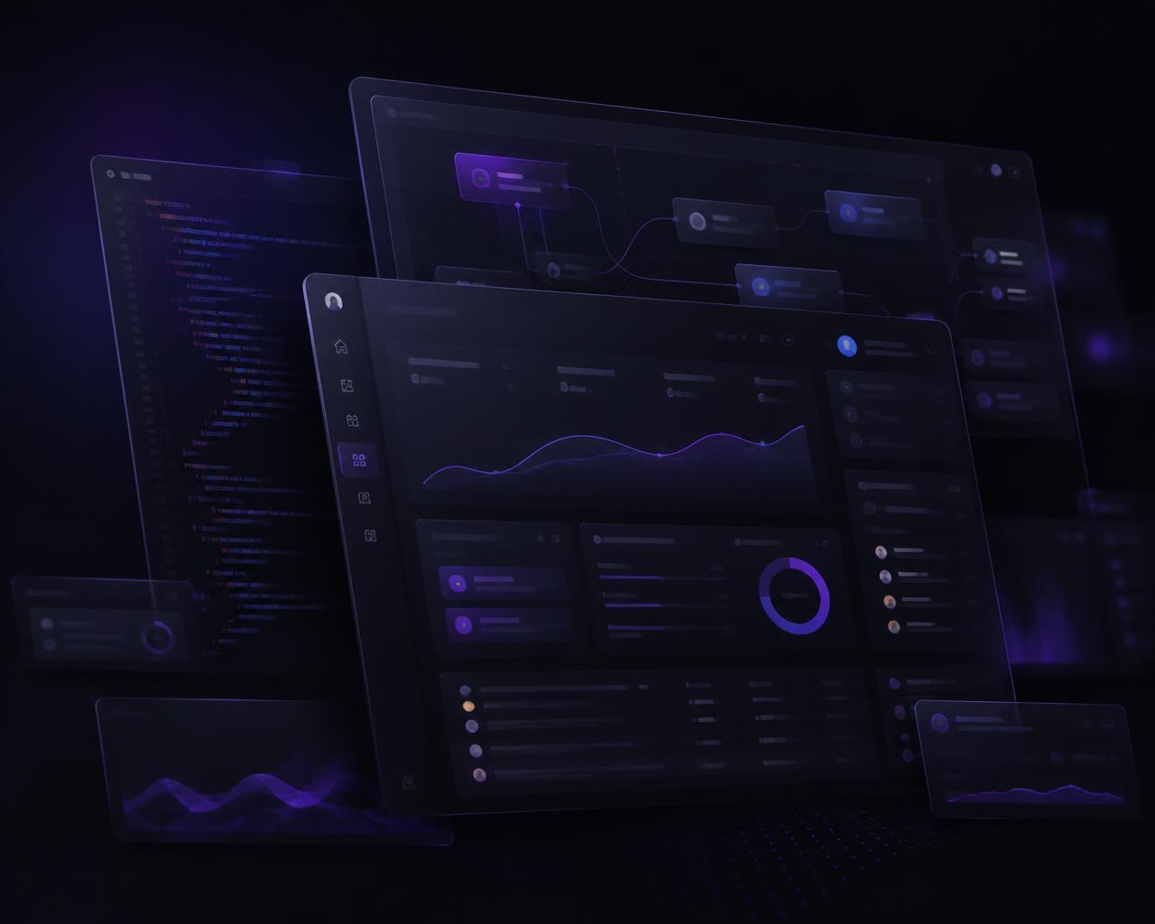 Layered dark interface panels representing websites, dashboards and automation workflows